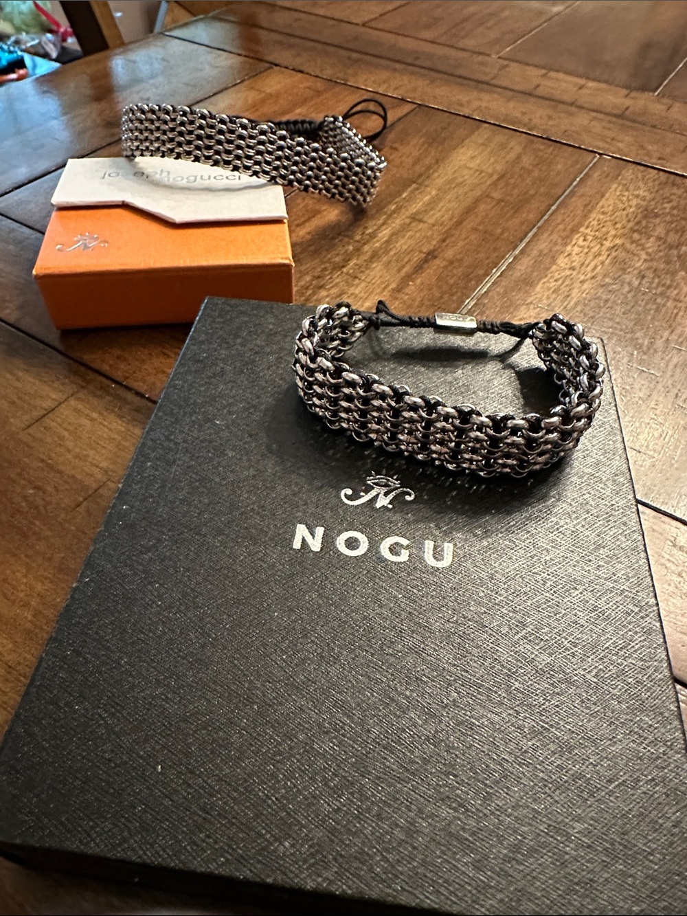 NOGU Silver Tone Chain-Link Choker and match Bracelet with Adjustable Black Cord
